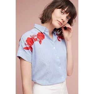 Anthropologie Striped Blue and White Jemima Red Embroidered Floral Button Up Top